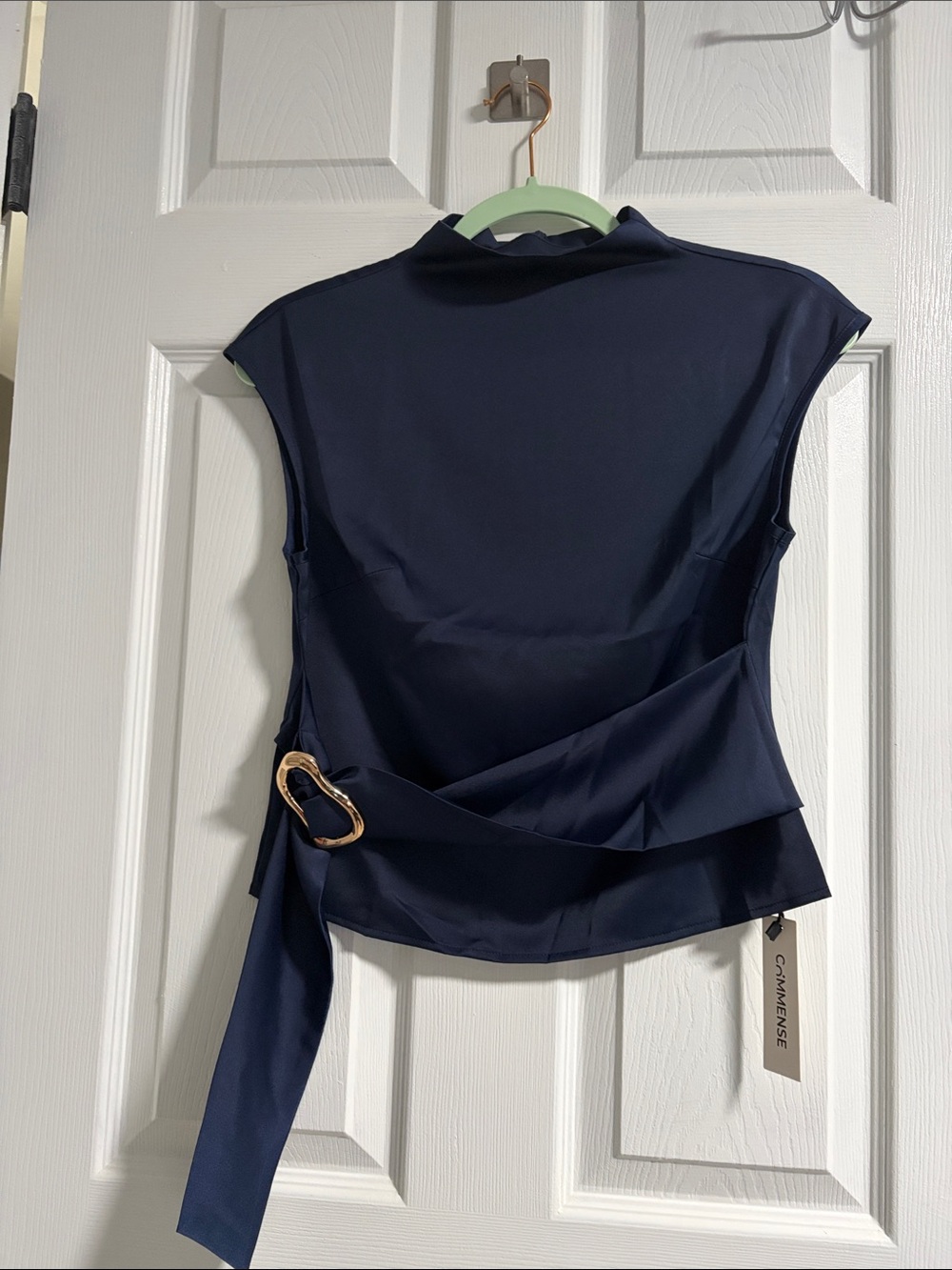 Commense Navy Sleeveless Wrap Blouse with Gold Buckle Detail